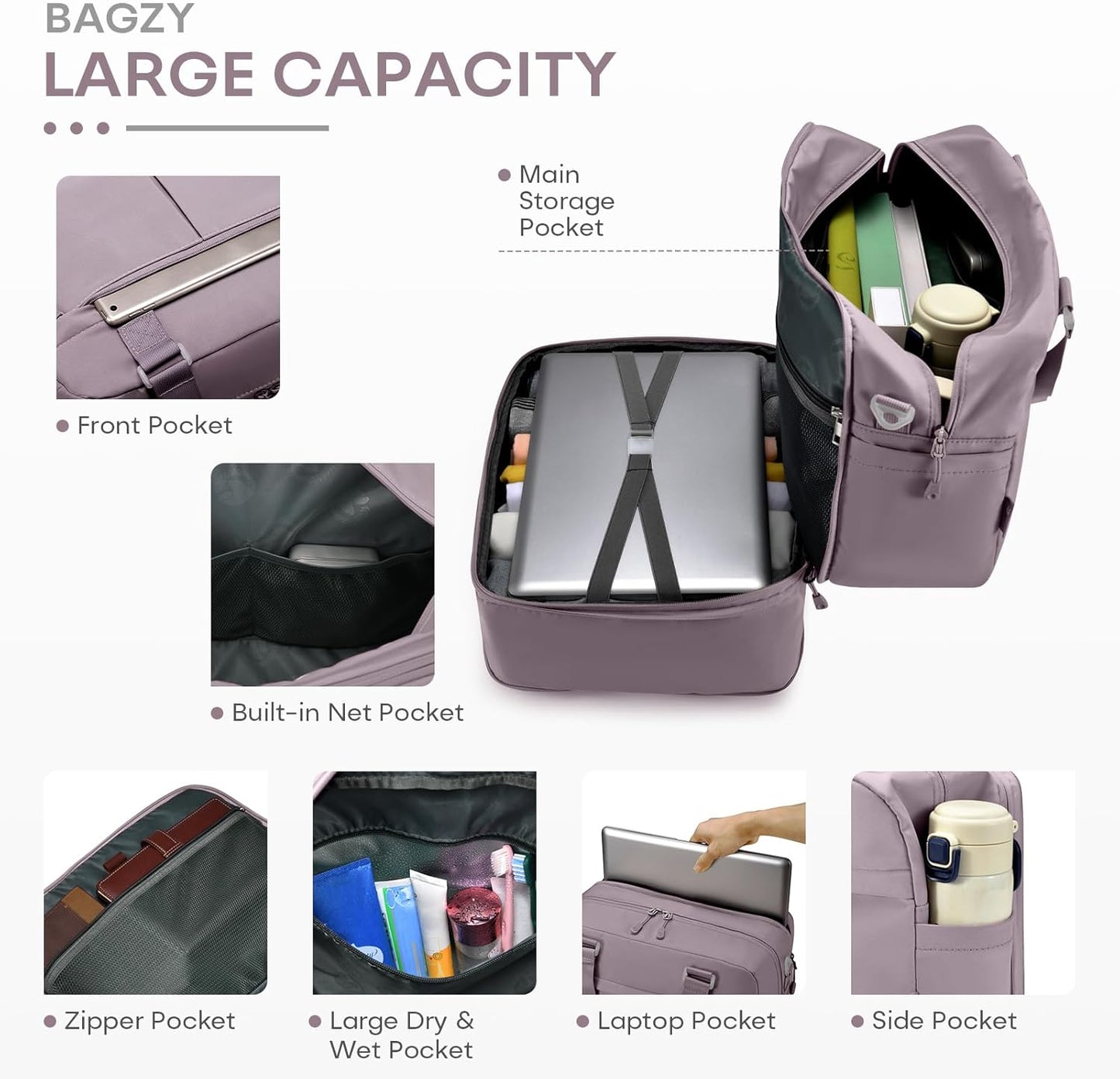 40x30x15cm Personal Item Travel Bag Expandable 40x30x25cm Gym Bag Lightweight Duffle Bag Mens Weekender Bags for Women with Wet Pocket for Overnight Hospital Carry on Bags for Airplanes Purple