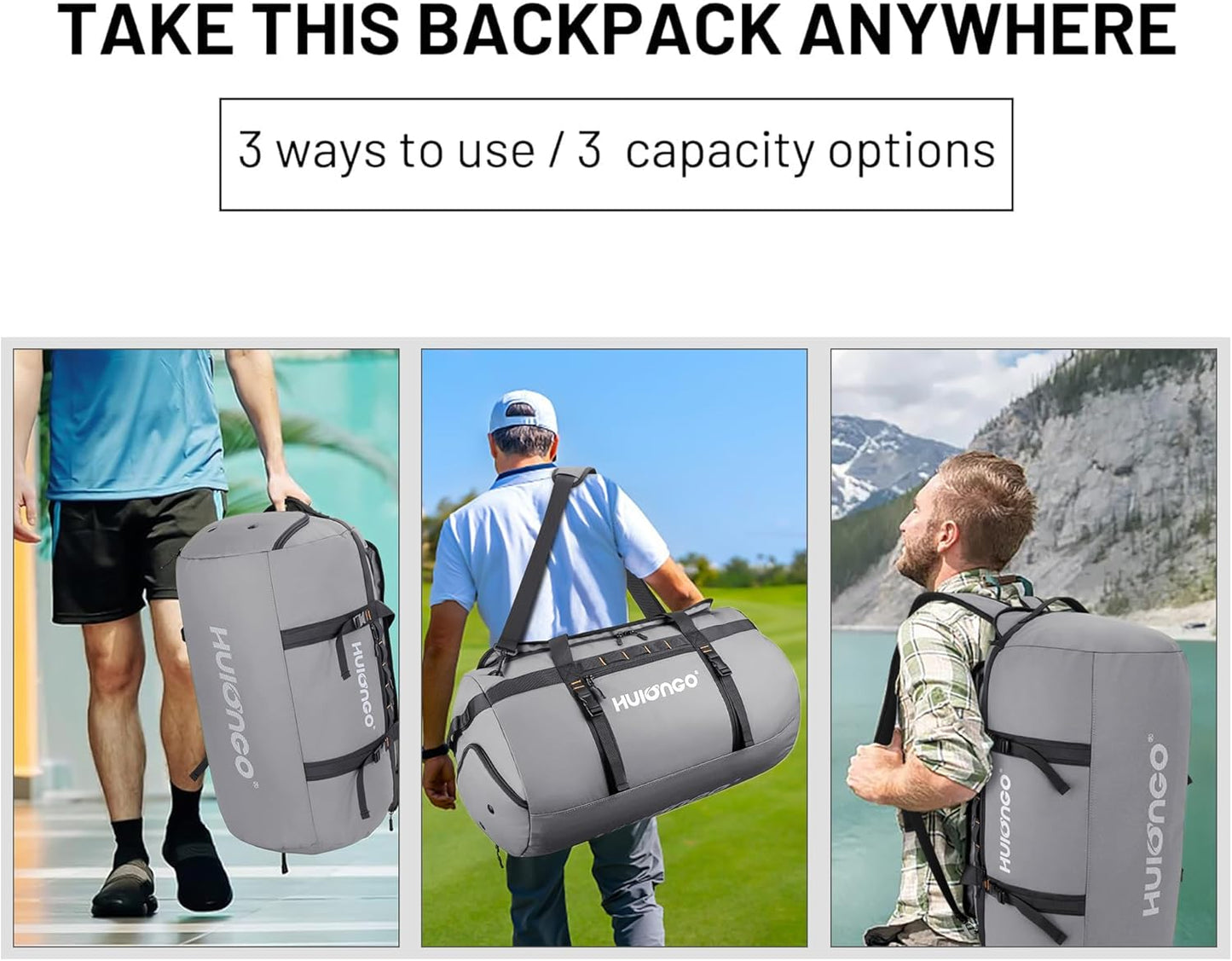 40L/60L/90L Large Waterproof Duffle Bag Backpack for Men, Mens Duffel Backpack Bags for Traveling, Heavy Duty (Grey, 90L)