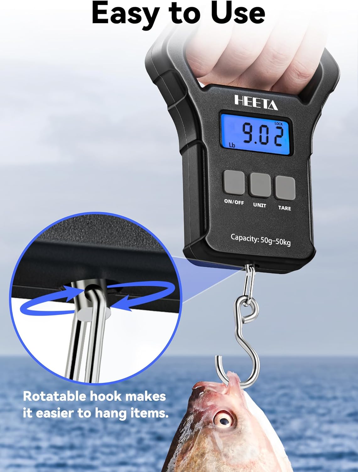 HEETA Fish Scale, 110lb/50kg Digital Portable Hanging Fishing Weight Scale with Backlit LCD Display, Luggage Scale with Hook, Non-Slip Large ABS Handle & 2 AAA Batteries, Fishing Gifts Gear for Men