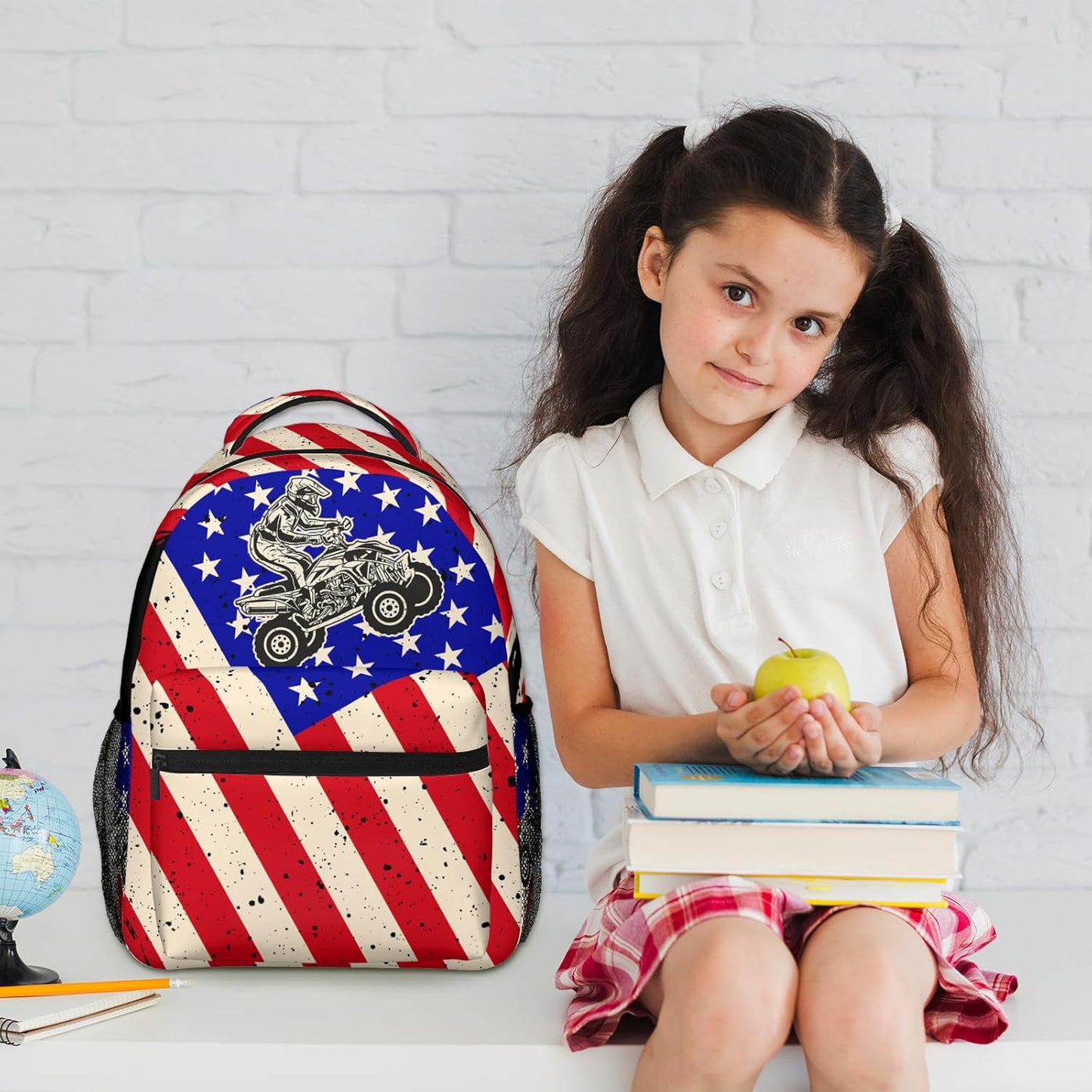 Motorcycle Us Flag Kids Backpack For Boys Girls Elementary American Patriotic Flags Schoolbag Kindergarten Bookbags Preschool School Bag Toddler Book Bags Travel Bag Hiking Camping Rucksack Daypack