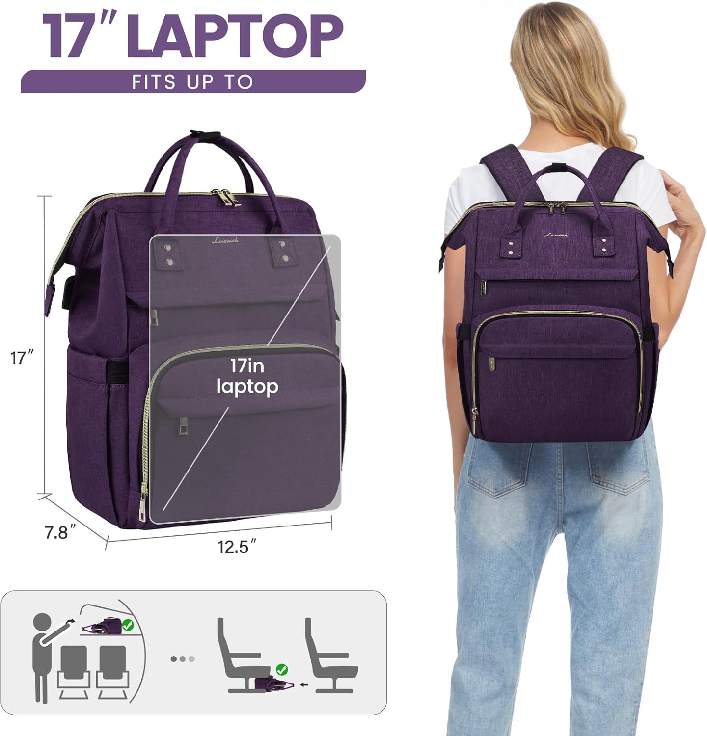 LOVEVOOK Laptop Backpack for Women,17 Inch Professional Womens Travel Backpack Purse Computer Laptop Bag Nurse Teacher Backpack,Waterproof Work Bags Carry on Back Pack with USB Port,Dark Purple