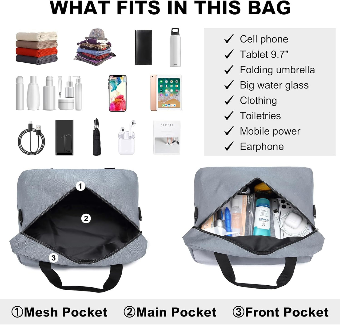 Kono Travel Duffel Bag 14L Under Seat Carry-on Bag Sports Tote Gym Bag Weekender Overnight Bags 13.78"x7.87"x7.87" Light Gray