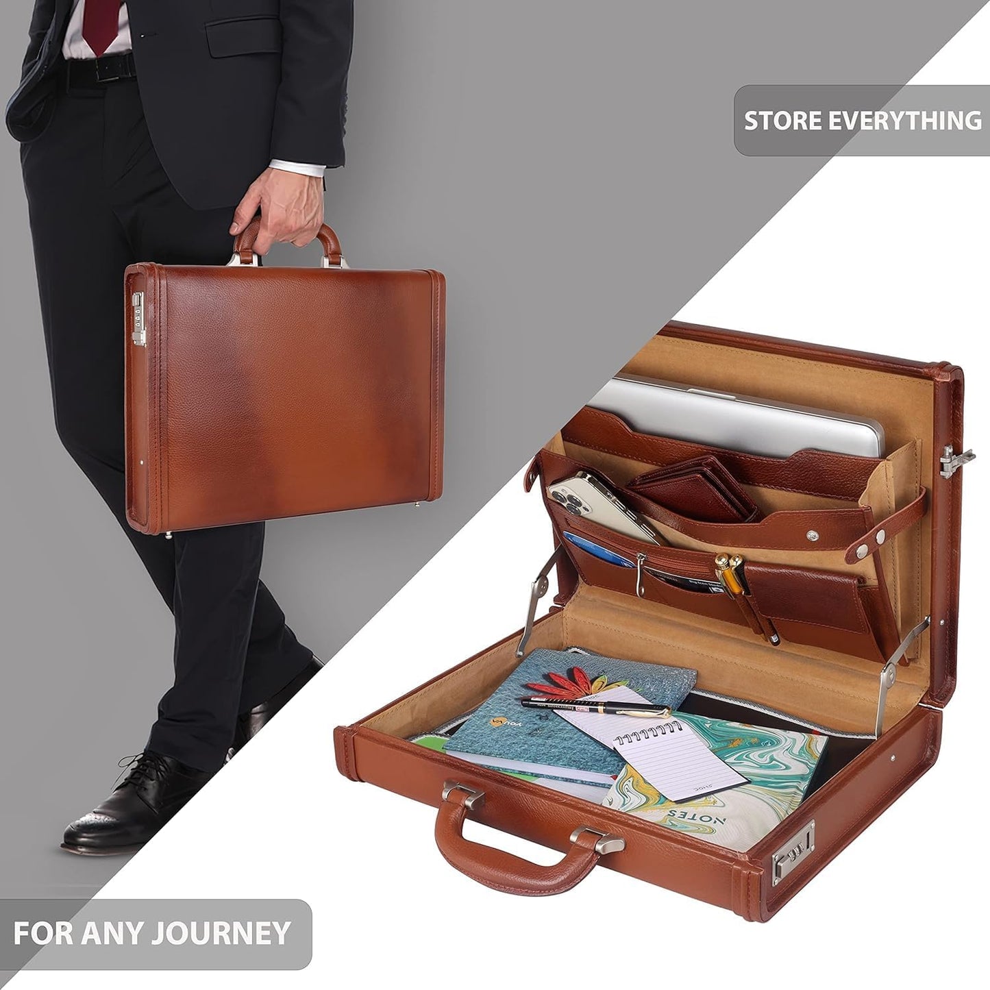 Full Grain Leather Briefcase Attache Case For Unisex Size L17xW3xH12 Inches Briefcase Bag (Tan)