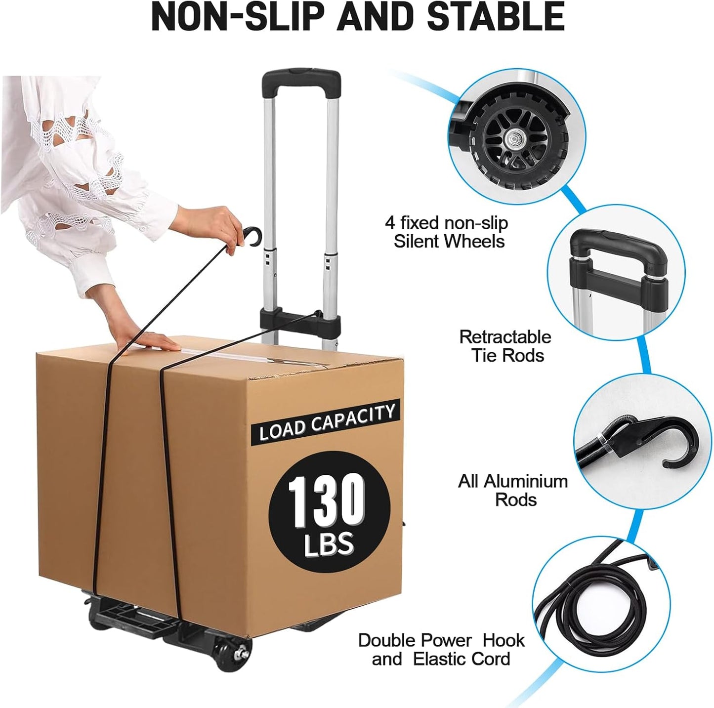 Small Folding Hand Truck Dolly with 4 Wheels,Portable Dolly Lightweight Aluminum Collapsible Luggage Cart,Design for Travel, Shopping, Moving, Office, Airport, Warehouse Use - Black