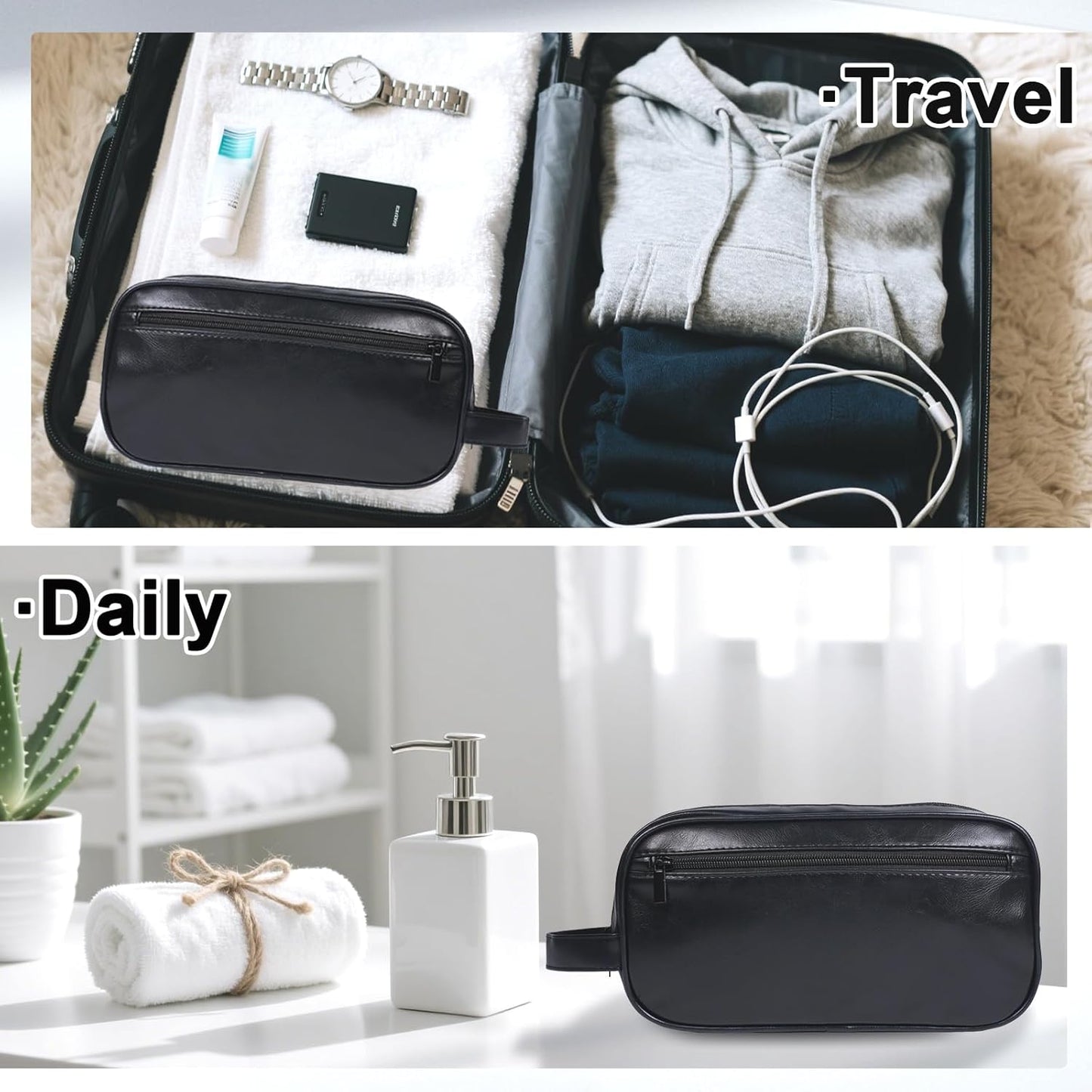 Mens travel toiletry bag, Gift For Men,PU Leather Water Resistant Cosmetic Bag Dopp Kit Shaving Pouch with Large Capacity for Toiletries Accessories(Black)