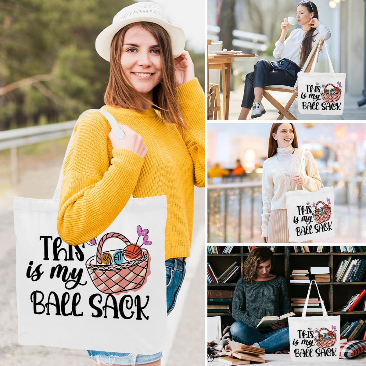 Crochet Knitting Humor Yarn Gifts Canvas Tote Bag, Reusable Grocery Shopping Bags for Crocheters Christmas