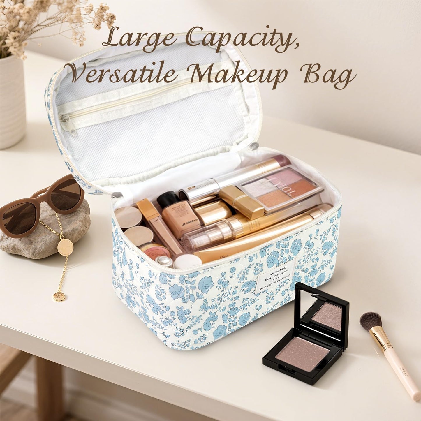 3Pcs Cotton Quilted Makeup Bag for Women Girls, Large Floral Cosmetic Bag Set Cute Makeup Brushes Aesthetic Accessories Storage Bag Travel Toiletry Bag Organizer, Little Flower Blue