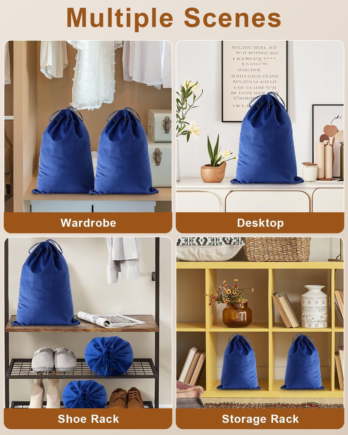 FantasyLife Shoe Bags for Travel, 4 PCS Washable Dust Bags for Storage & Packing, Flannel Shoe Pouch with Drawstring Closure for Purses, Handbags, Shoes & Toys (Palace Blue)