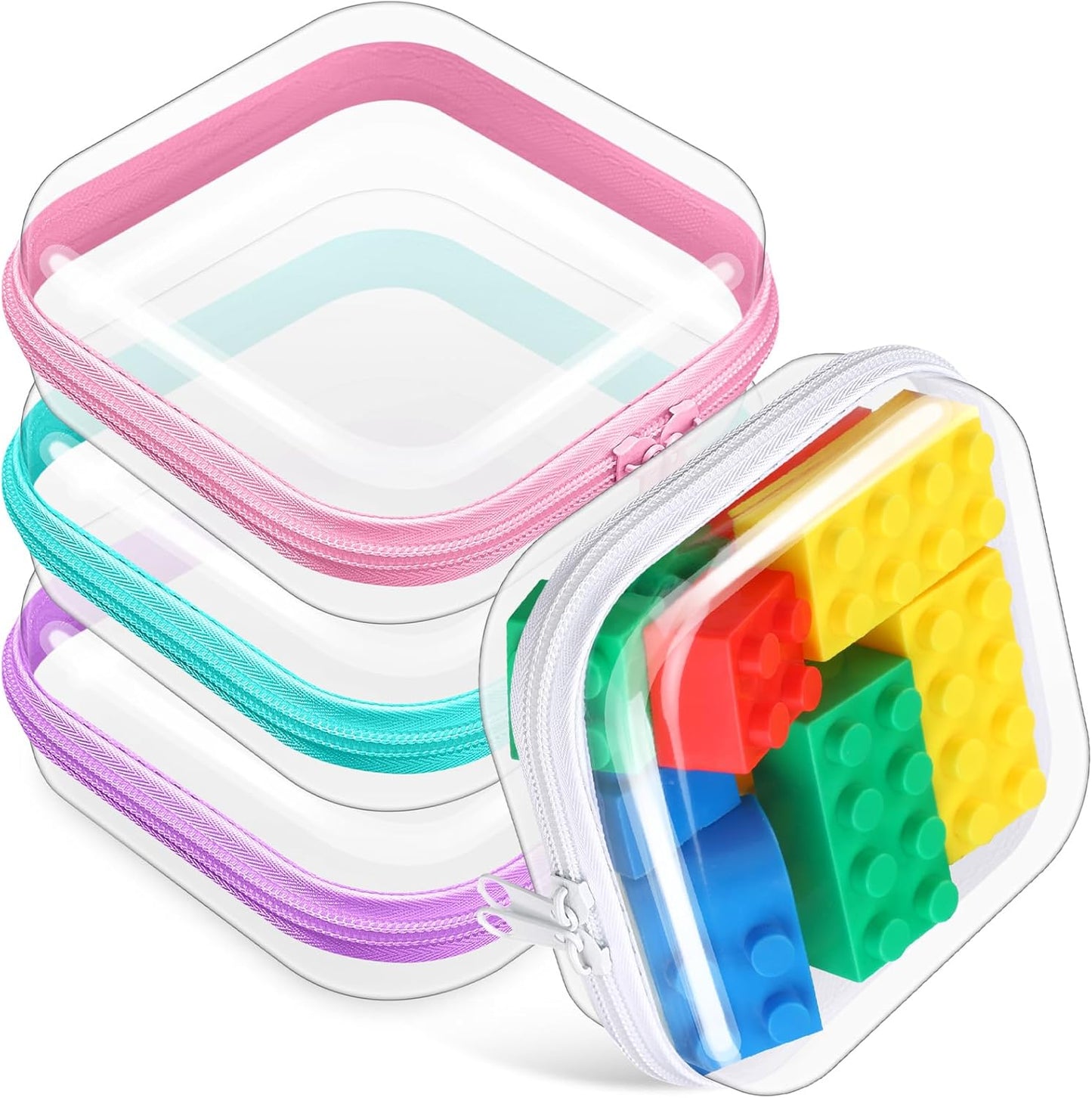 Hoolerry 4 Pcs Hard Clear Zipper Case Makeup Bags Plastic Pencil Pouch Transparent Storage Box Containers for Cosmetics, Snacks, Building Blocks, Puzzles(Multicolor,5 x 5 x 2 in)