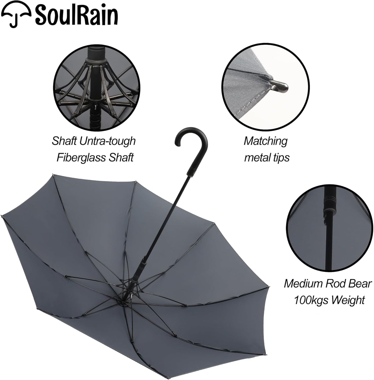 SoulRain 50 Inch Large Stick Umbrella Windproof Automatic Open Oversized J Handle Umbrellas for Men and Women Unbreakable Strong Travel Golf Umbrella