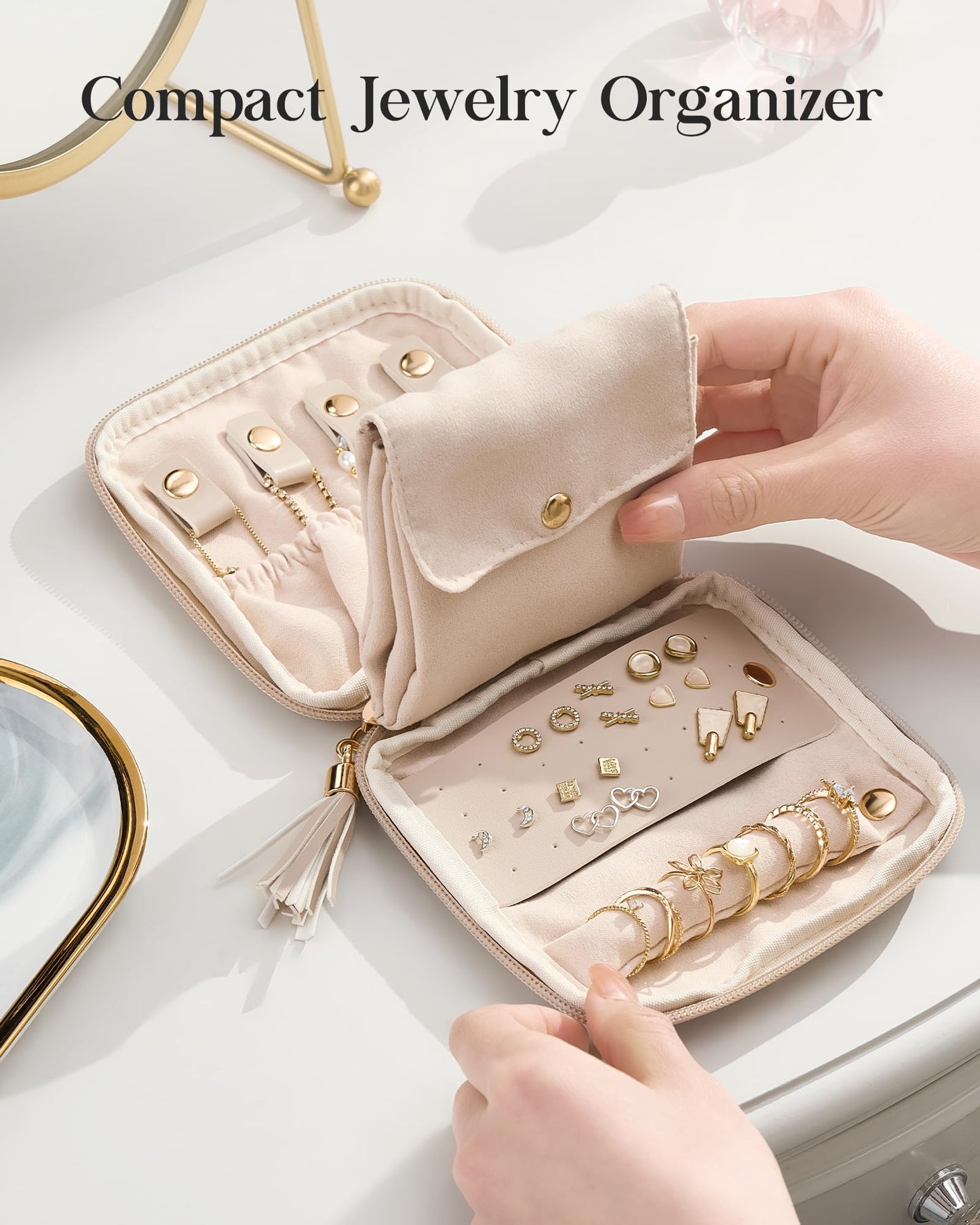 Lolalet Travel Jewelry Case Organizer, Small Soft Jewellery Pouch -Oatmeal