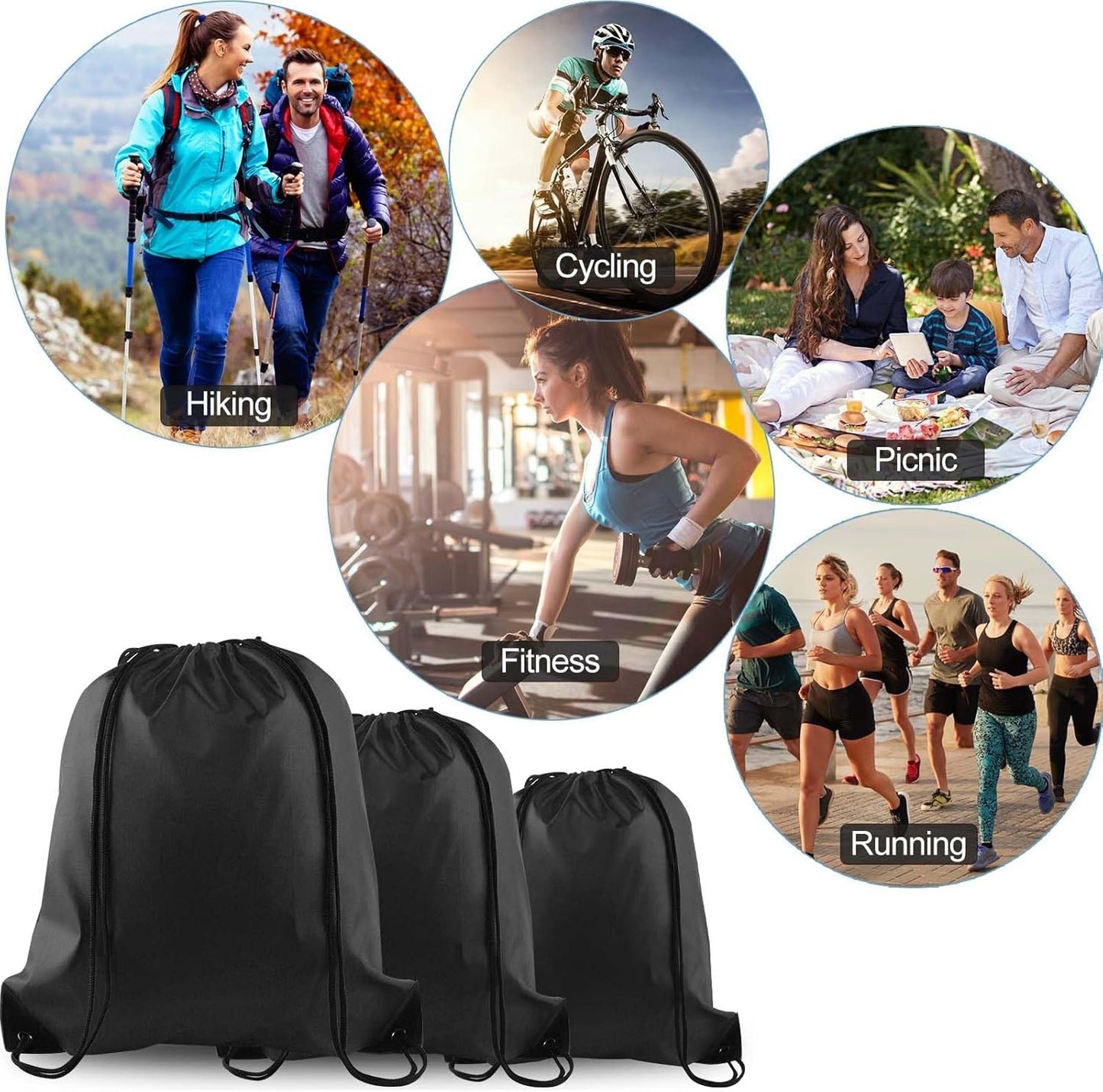 PLULON 15 Pcs Black Drawstring Bags, Drawstring Backpack Bulk, Classic Gym Backpack Bags for Yoga Traveling Outdoor Sports