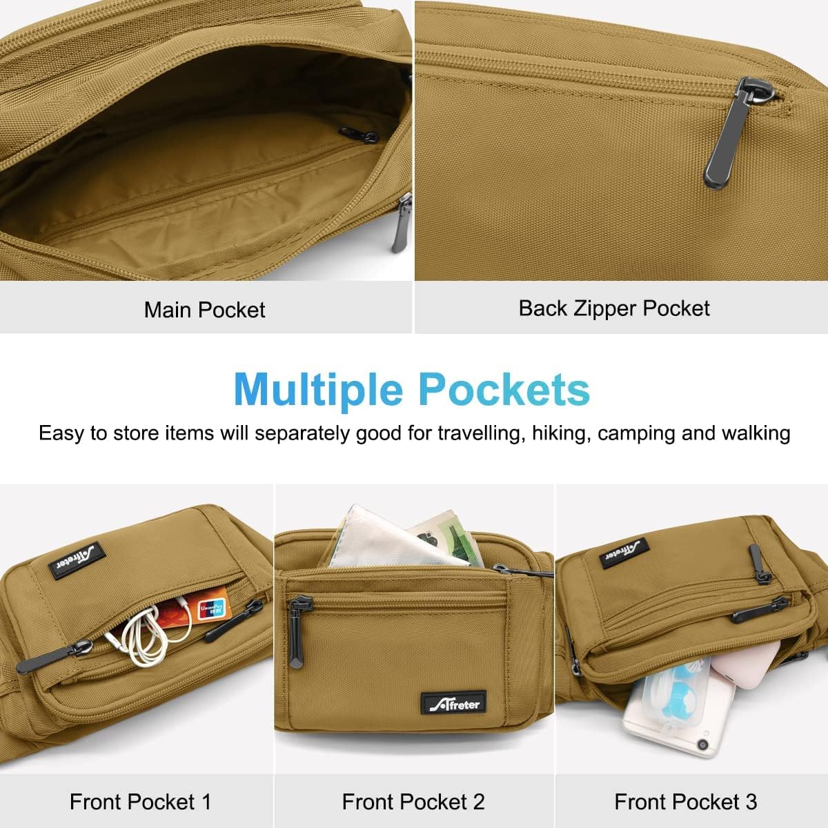 Waist Pack Bag Fanny Pack for Men&Women Hip Bum Bag with Adjustable Strap for Outdoors Workout Traveling Casual Running Hiking Cycling (Khaki)
