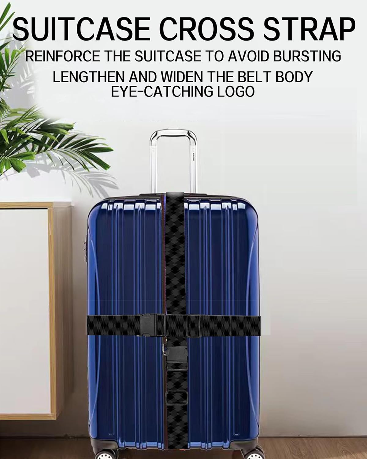 Luggage Straps for Suitcases, Adjustable Travel Belt, Durable Wide Luggage Strap, Cute Suitcase Strap Identifiers with Buckle, Bag Straps for Luggage, Luxury Black Diamond Pattern