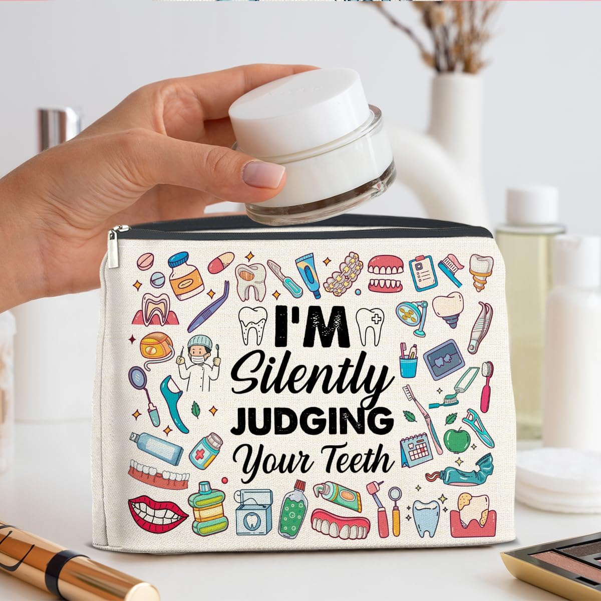 Dental Professional Makeup Bag - I'm Silently Judging Your Teeth Zipper Pouch for Caregivers & Graduates