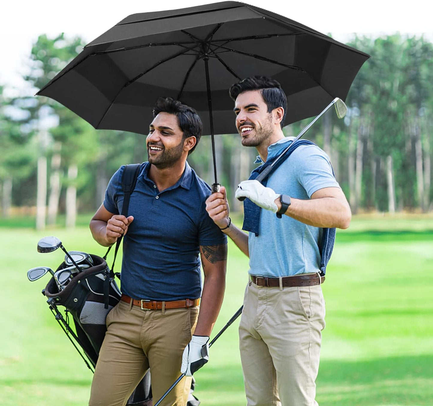Lejorain Large Compact Golf Umbrella - Oversized Auto Open Close Folding Golf Umbrella Travel 210T Dupont Teflon Coated Vented Windproof Double Canopy for Women Men