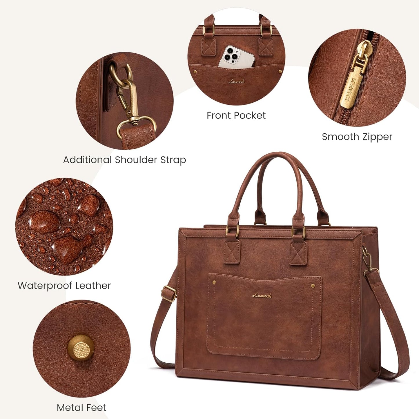 LOVEVOOK Laptop Tote Bag for Women, 15.6 Inch Work Bags, Vintage Leather Tote Bag, Waterproof Computer Bags with Clutch Purse, Large Capacity Messenger Bag for Teacher College Business Office