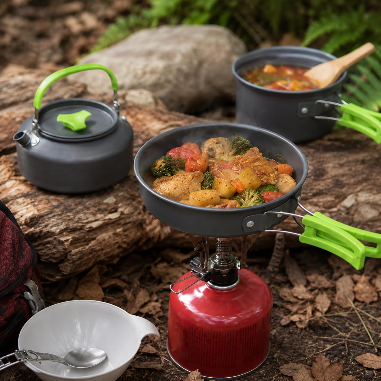 MalloMe Camping Cookware 17 pcs Mess Kit with 1.1L Kettle for Backpacking Gear – Camping Cooking