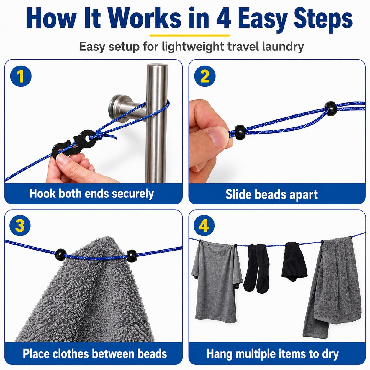 2 Pack Travel Clothesline, No Clothespins Needed, 48 Beads, Winders & Bags
