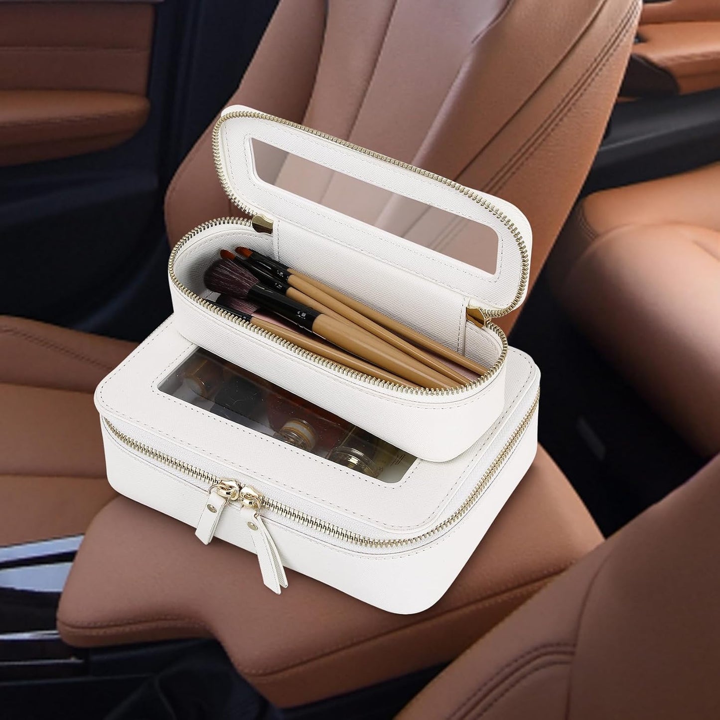Makeup Brush Case Slim Clear Makeup Bag Travel Cosmetic Case and Waterproof Toiletry Makeup Bag with Zipper Purse Organizer for Women (White, Slim)