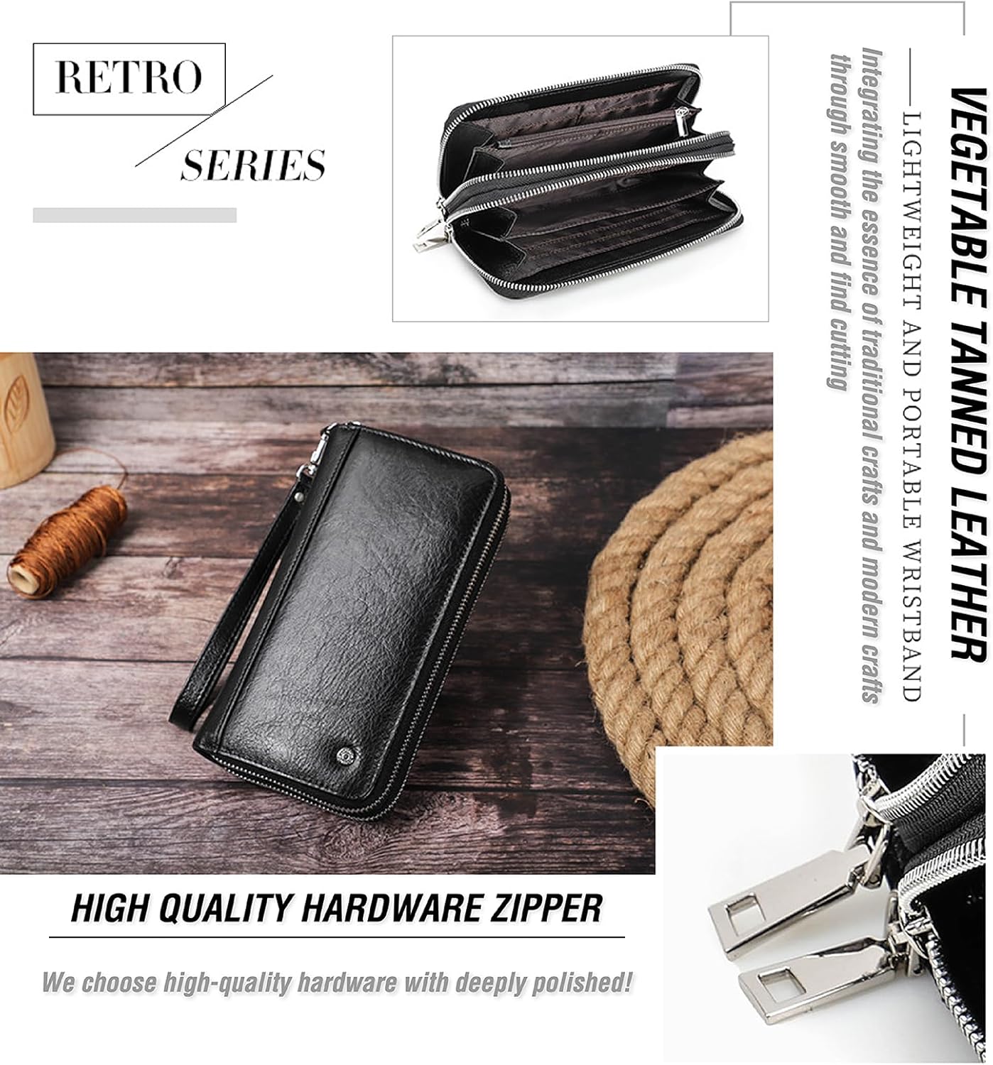 Top Grain Genuine Leather Handheld Purse Wallet for Man & Woman, Classic Vintage Design, Fully