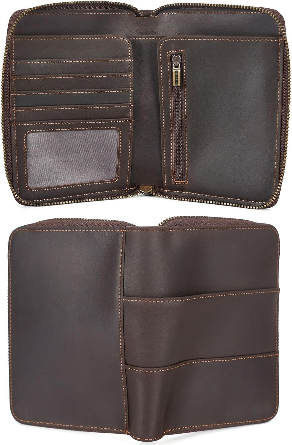 Retro Passport Cover Genuine Leather Unisex Travel Zipper Wallet RFID Blocking (Dark Brown)