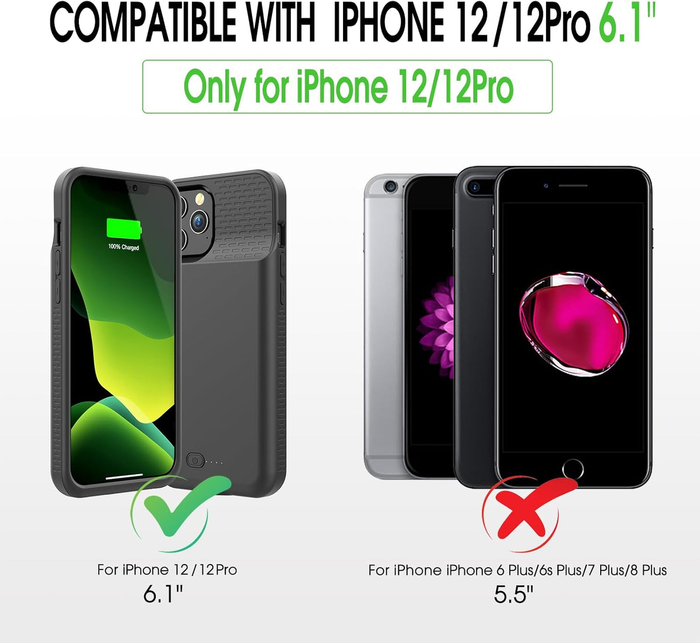 GIN FOXI Battery Case for iPhone 12/12Pro, Real 7000mAh Ultra-Slim Battery Charging Case Rechargeable Anti-Fall Protection Extended Charger Cover for iPhone 12Pro/12 Battery Case(6.1 inch) Black