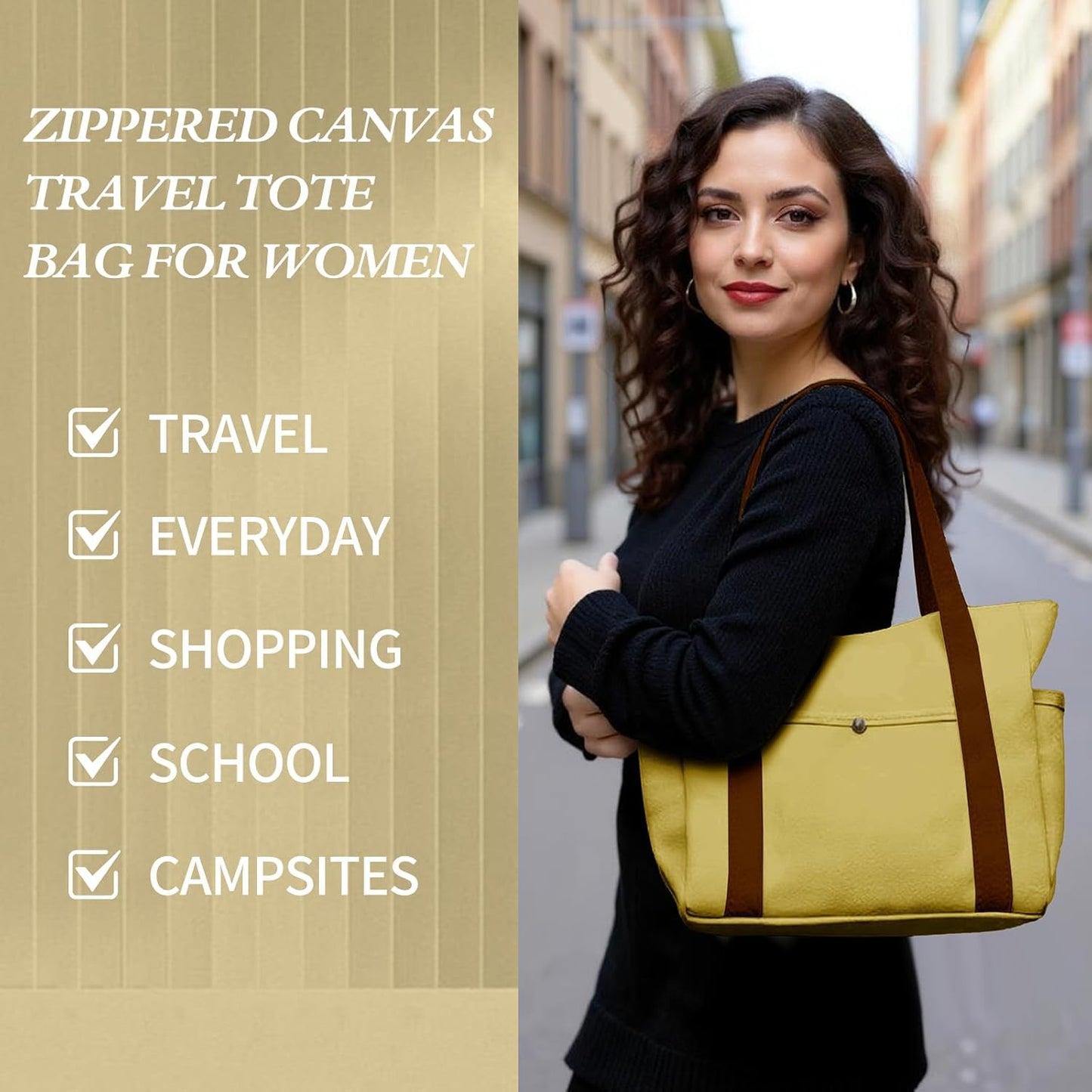 MeZQ Zippered Canvas Utility & Travel Tote Bag for Women - Multi-Pocket Compartments | car bag hooks,makeup bag,car hooks