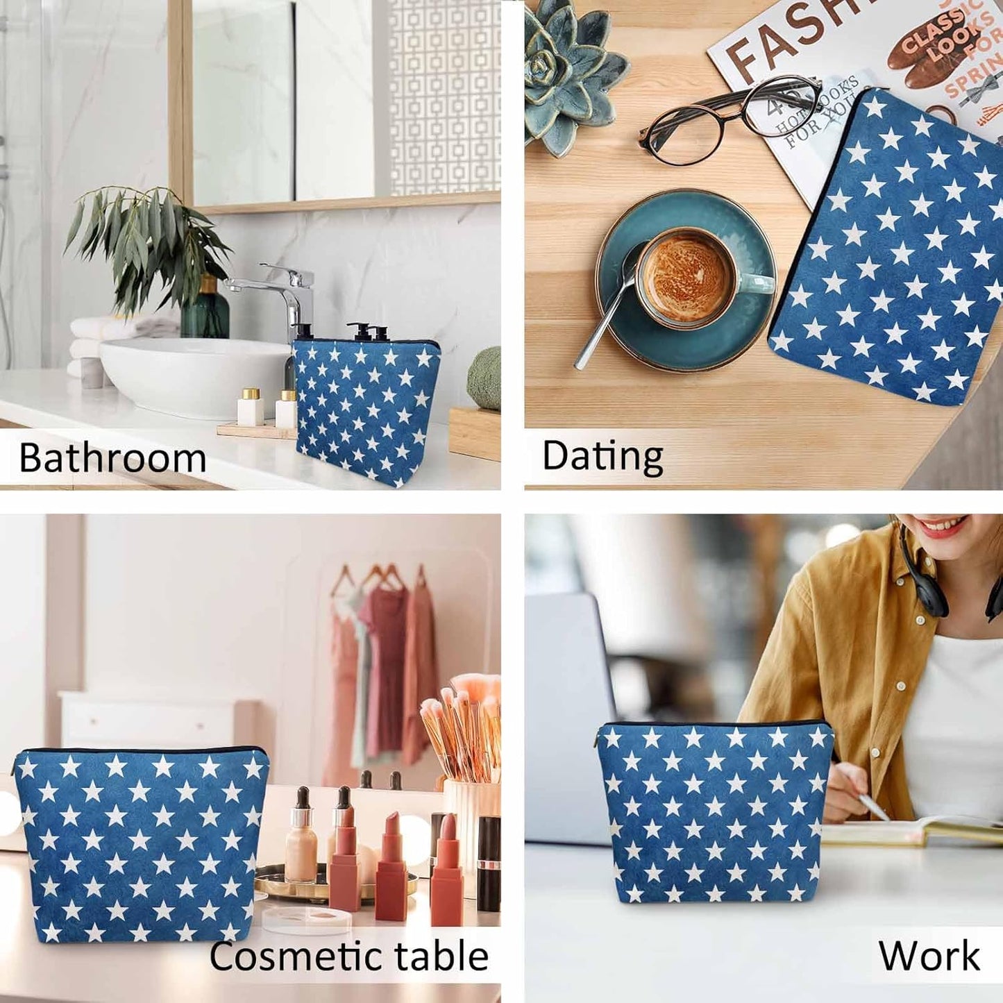 Makeup Bag USA Flag Stars Makeup Bags For Purse Pouch, Vintage American Flag Stars Navy Blue Travel Toiletry Bag Cosmetic Bag Makeup Bags Flax Makeup Organizer Bag Pencil Pouch For Man Woman
