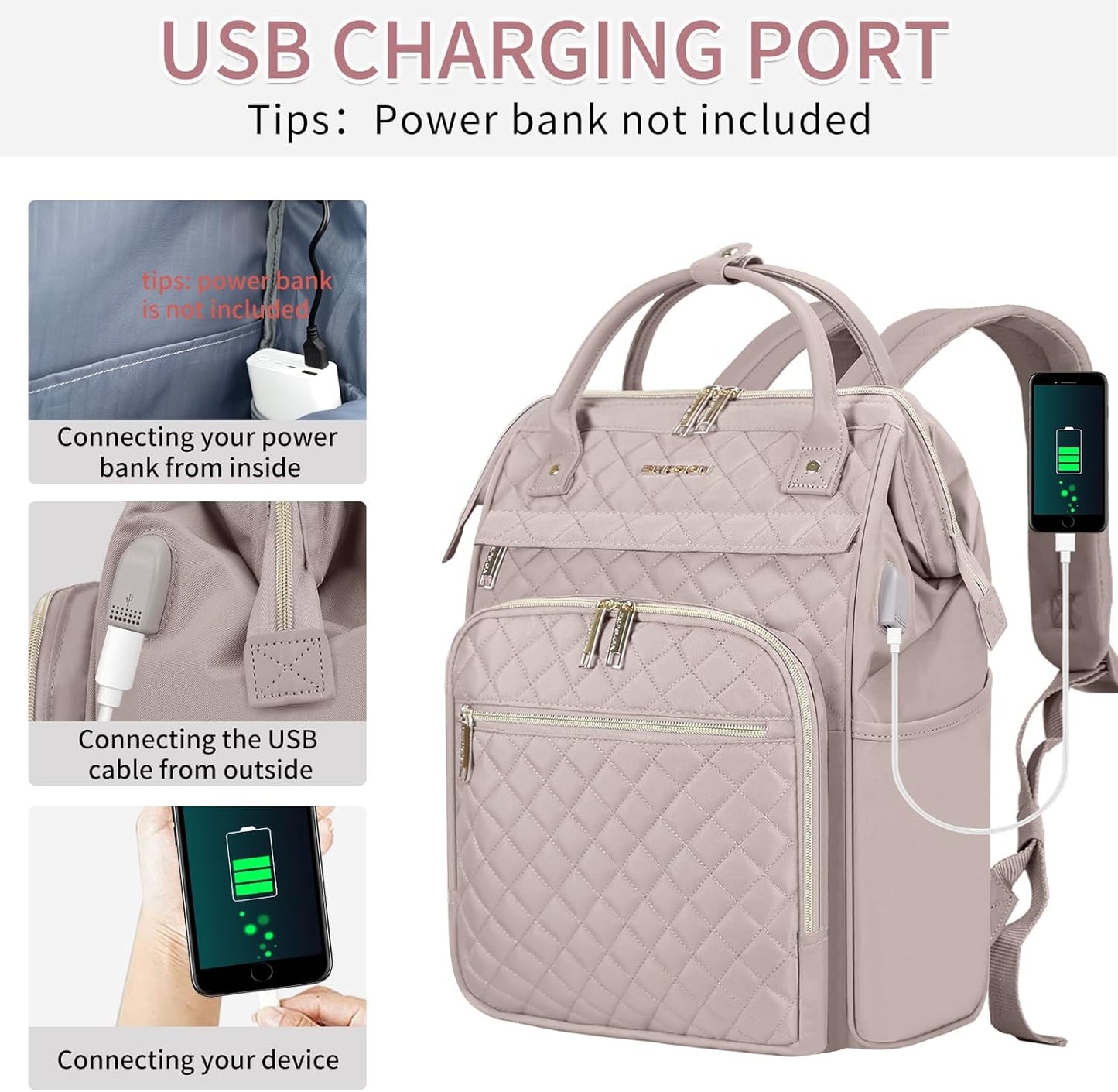 EMPSIGN 17 Inch Laptop Backpack for Women, Work Business Travel Computer College Bags, Large Capacity Water-repellent Quilted Casual Daypack with USB Port, Dusty Pink