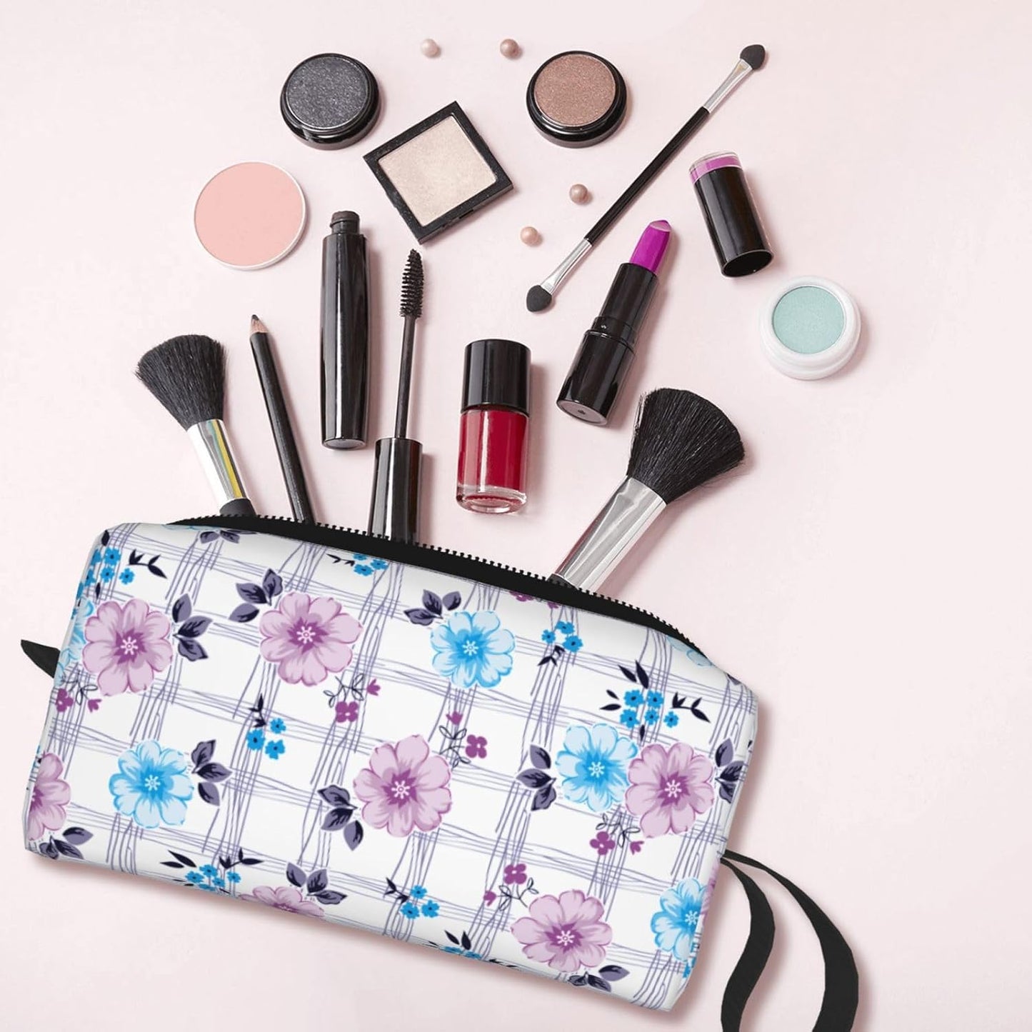 Pastel Floral Bloom Makeup Bag Small Compact & Durable Travel Cosmetic Bag Organizer Oxford Fabric Impact-Resistant Multi-Purpose Storage Perfect for Travel, Gym, Daily Use