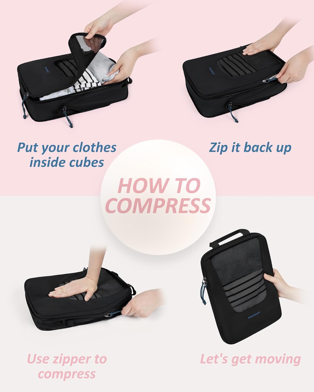 BAGSMART Compression Packing Cubes for Travel, 6 Set/5 Set/4 Set, Compression Suitcase Organizer Bags Set for Suitcases Travel Essentials, Lightweight Packing Organizers