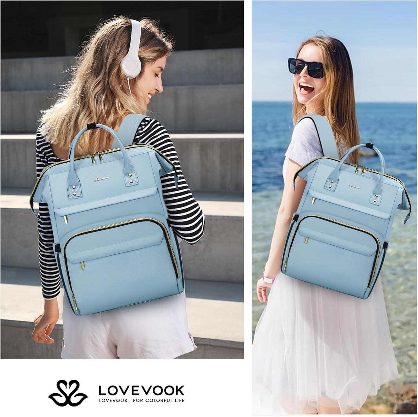 LOVEVOOK Laptop Backpack for Women,17 Inch Professional Womens Travel Backpack Purse Computer Laptop Bag Nurse Teacher Backpack,Waterproof College Work Bags Carry on Back Pack with USB Port,Sky Blue
