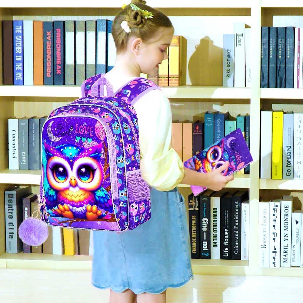 CCJPX 3PCS Kids Backpack for Girls, 16”Owl Bookbag with Lunch Box, Cute Water Resistant Elementary