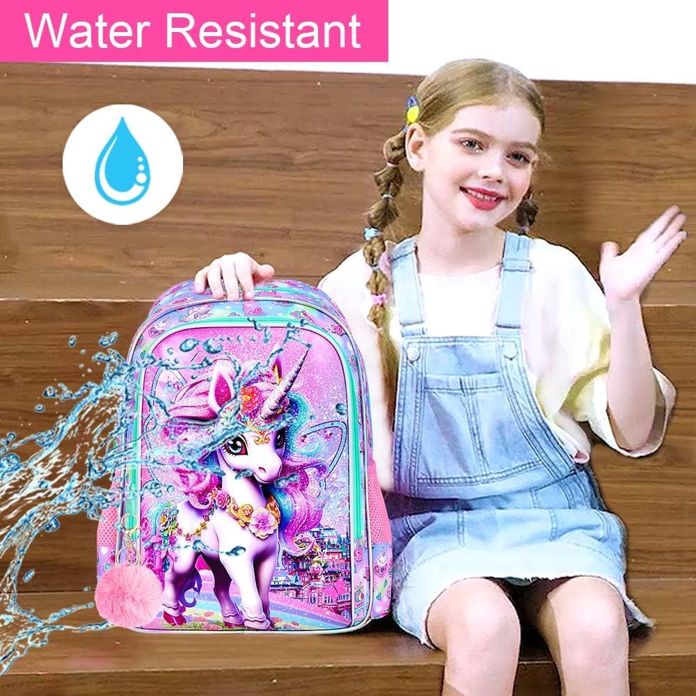 3PCS Unicorn Backpack, Water Resistant Girls Bookbag Set with Lunch Box,Cute Kids Elementary School Bag for Preschool Toddler