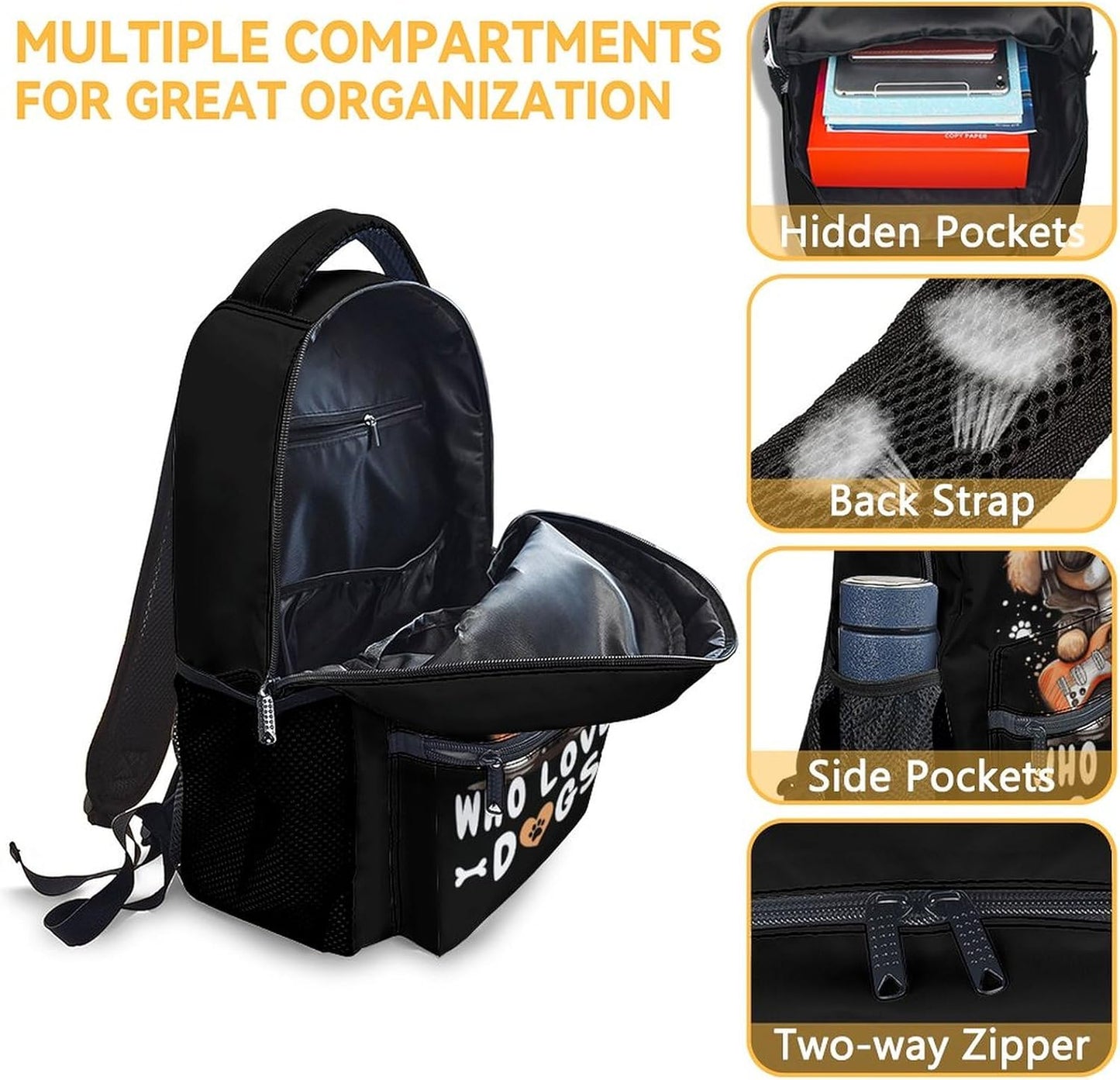 Custom Dog Backpack with Lunch Box, Set of 3 School Backpacks Matching Combo, Cute Black Bookbag and Pencil Case Bundle
