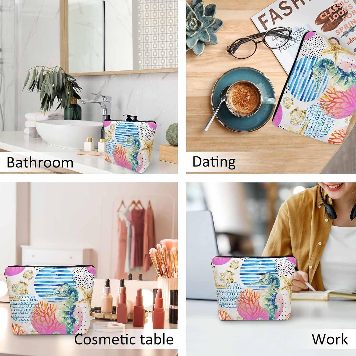 Makeup Bag Seahorse Makeup Bags For Purse Pouch, Sea Animal Coral Reef Seashell Seahorses Travel Toiletry Bag Cosmetic Bag Makeup Bags Flax Makeup Organizer Bag Pencil Pouch For Man Woman