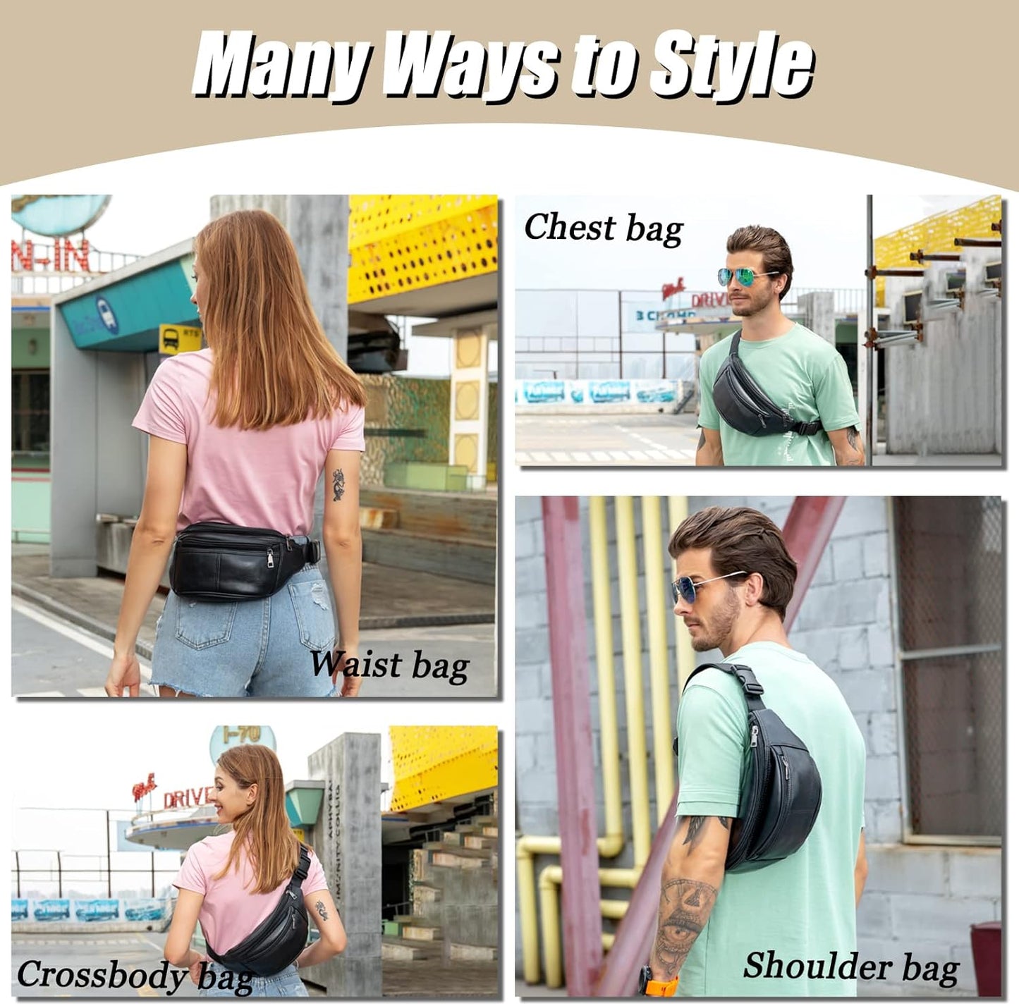Brown Fanny Pack for Women Genuine Leather Multiple Pockets Metal Zippers Waist Bag for Travel Hiking Cycling Fishing Running
