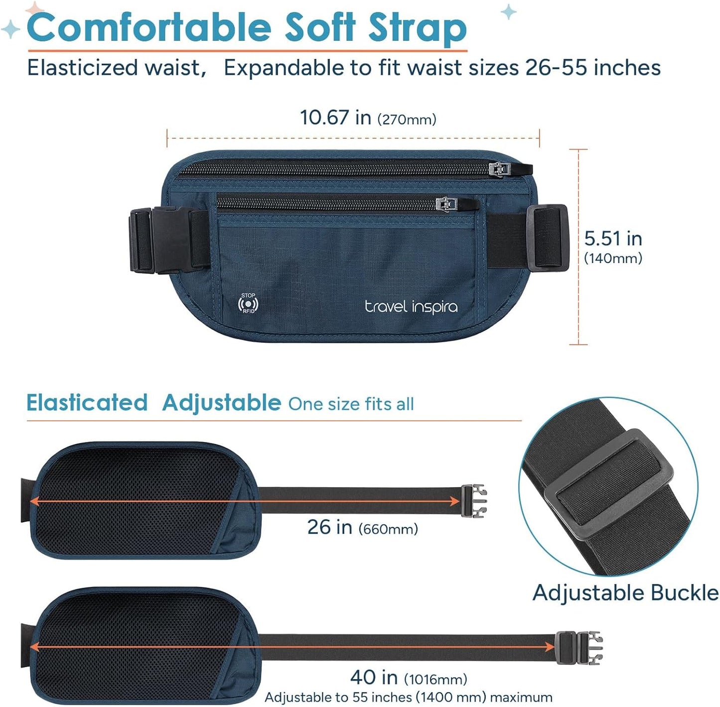 travel inspira Travel Money Belt with Slim Anti-Theft RFID Blocking Passport Holder for Travel