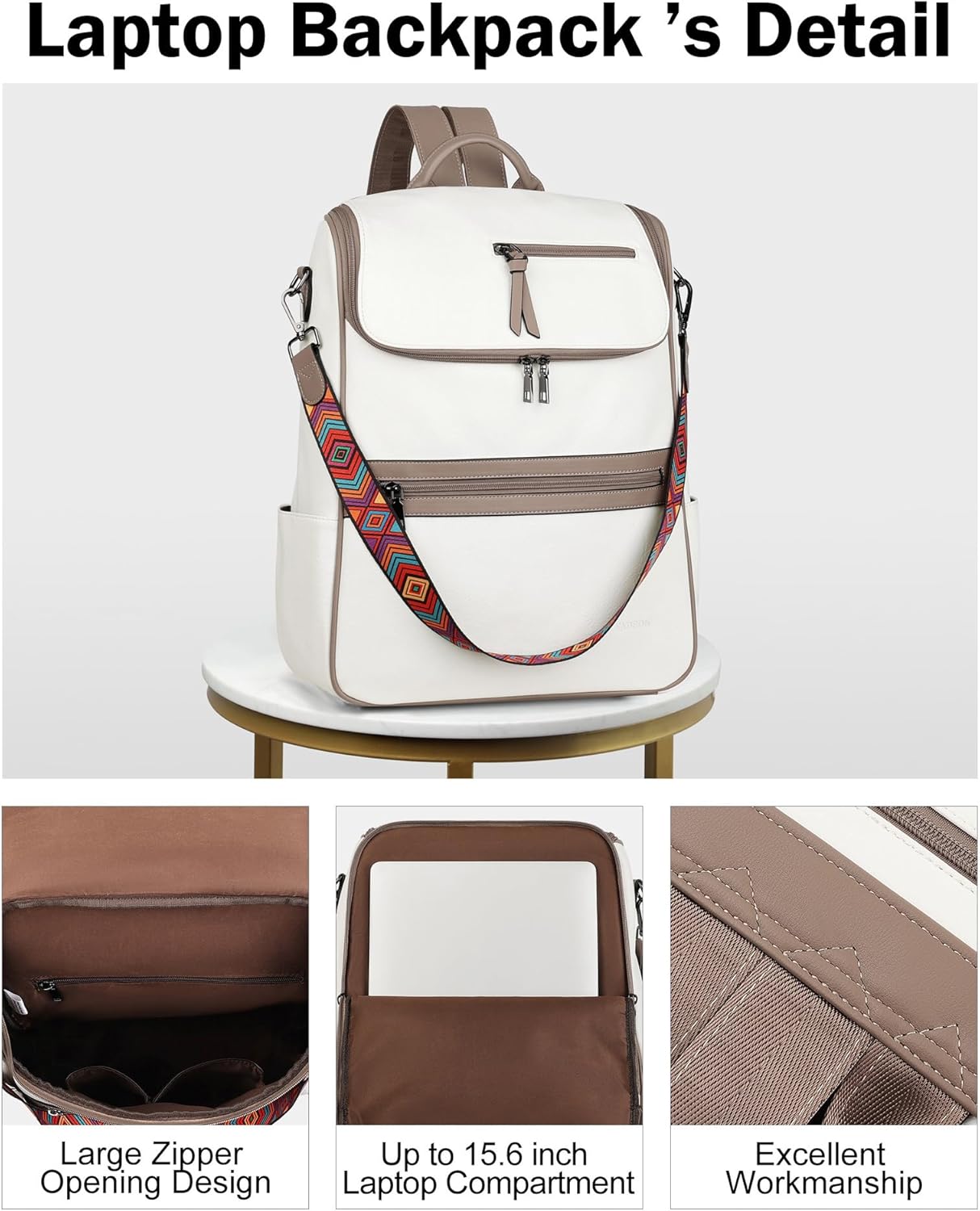 FADEON Laptop Backpack for Women Leather Travel Backpack with Laptop Compartment, Designer PU Shoulder Laptop Bag White