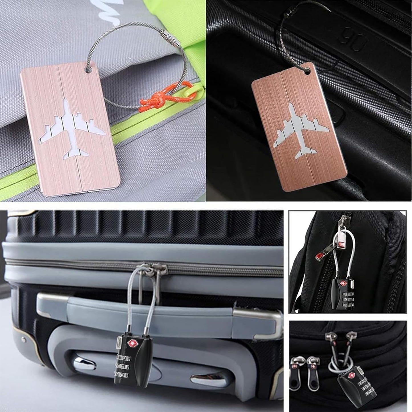 AOUTACC 2 Pack TSA Luggage Lock and 2 Pack Aluminium Metal Luggage Tags, Mini Combination Password and Suitcase Card Holder Bag Tag Name Address ID Bag Label with Key Ring
