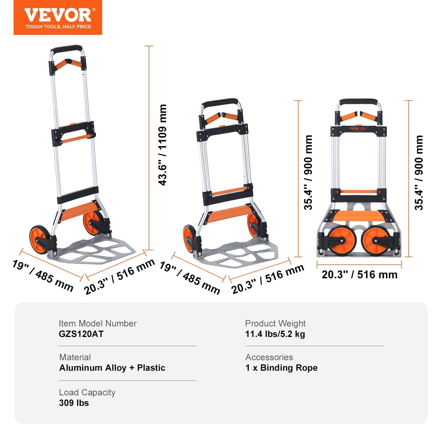 VEVOR Folding Hand Truck and Dolly, 309 Lbs Capacity, Aluminum Foldable Cart, Heavy-Duty Luggage