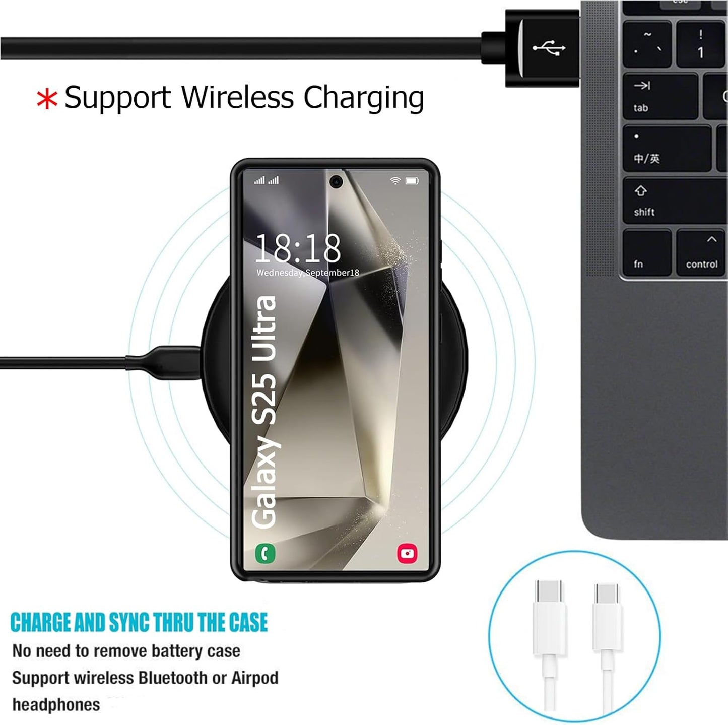 Battery Case for Galaxy S25 Ultra, 12000mAh High Capacity Portable Charger Case Rechargeable Smart Battery Pack Compatible with Galaxy S25 Ultra 6.9 inch Charging Case Support Wireless & Carplay-Black