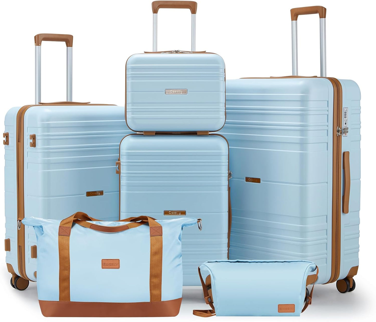 Luggage Sets 6 Piece with Spinner Wheels, Lightweight Hardshell Suitcase Set with TSA Lock, Carry On Checked Luggage with Travel Bag & Toiletry Bag(Light Blue, 6 piece sets(14/20/24/28/DB/TB))