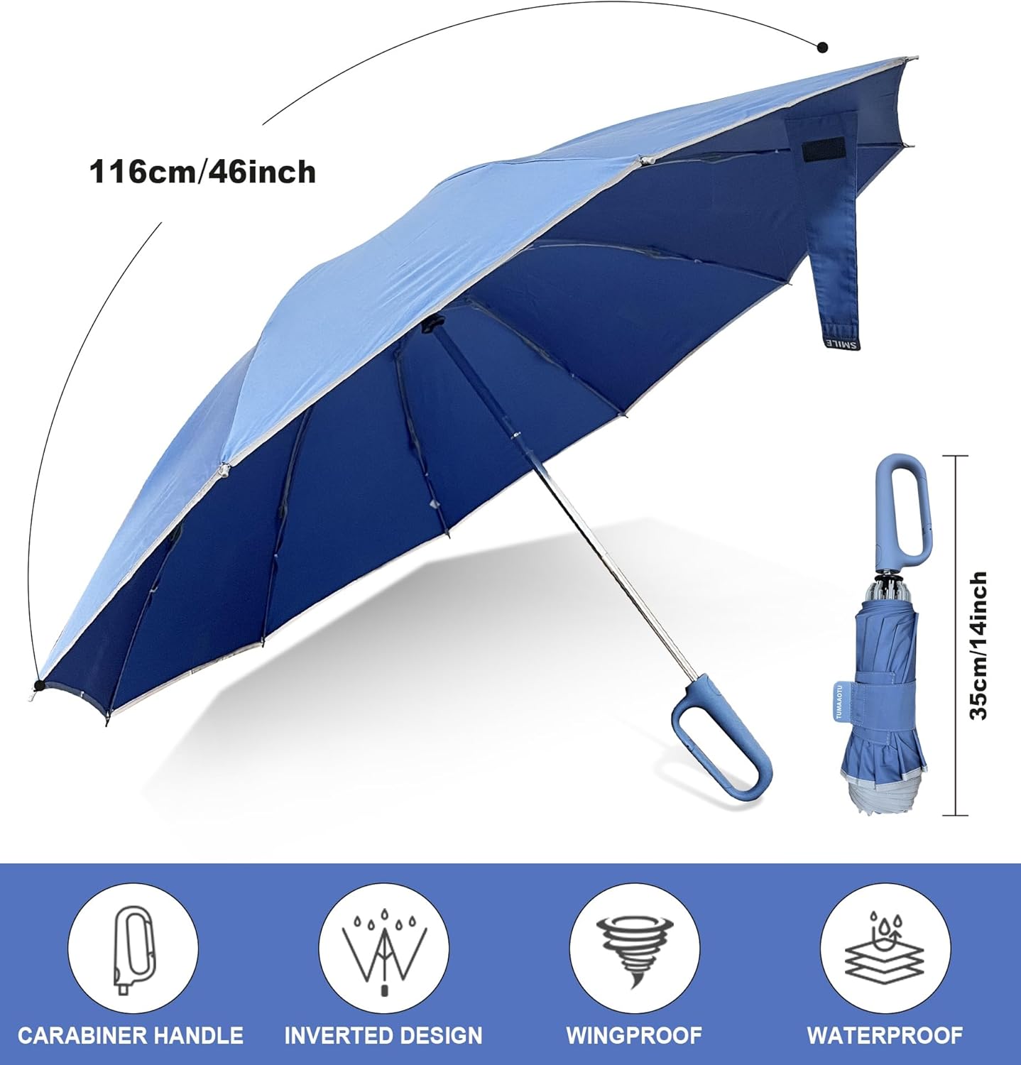 QWB TUMAAOTU Inverted Umbrella with Carabiner Handle, Wind Proof Umbrellas For Rain and Sun, 46 Inch Portable Reverse Folding UV Umbrella, Car Umbrella for Women Men, 10 Ribs