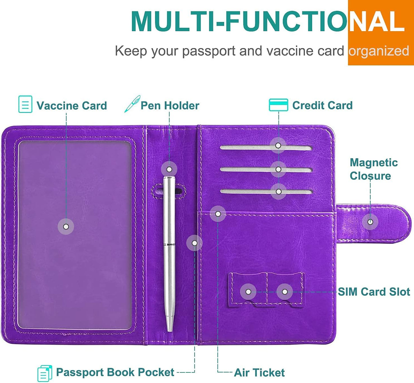 RSAquar Unisex Faux Leather Passport and Vaccine Card Holder Combo, Purple, Slim and Lightweight with RFID Blocking Technology