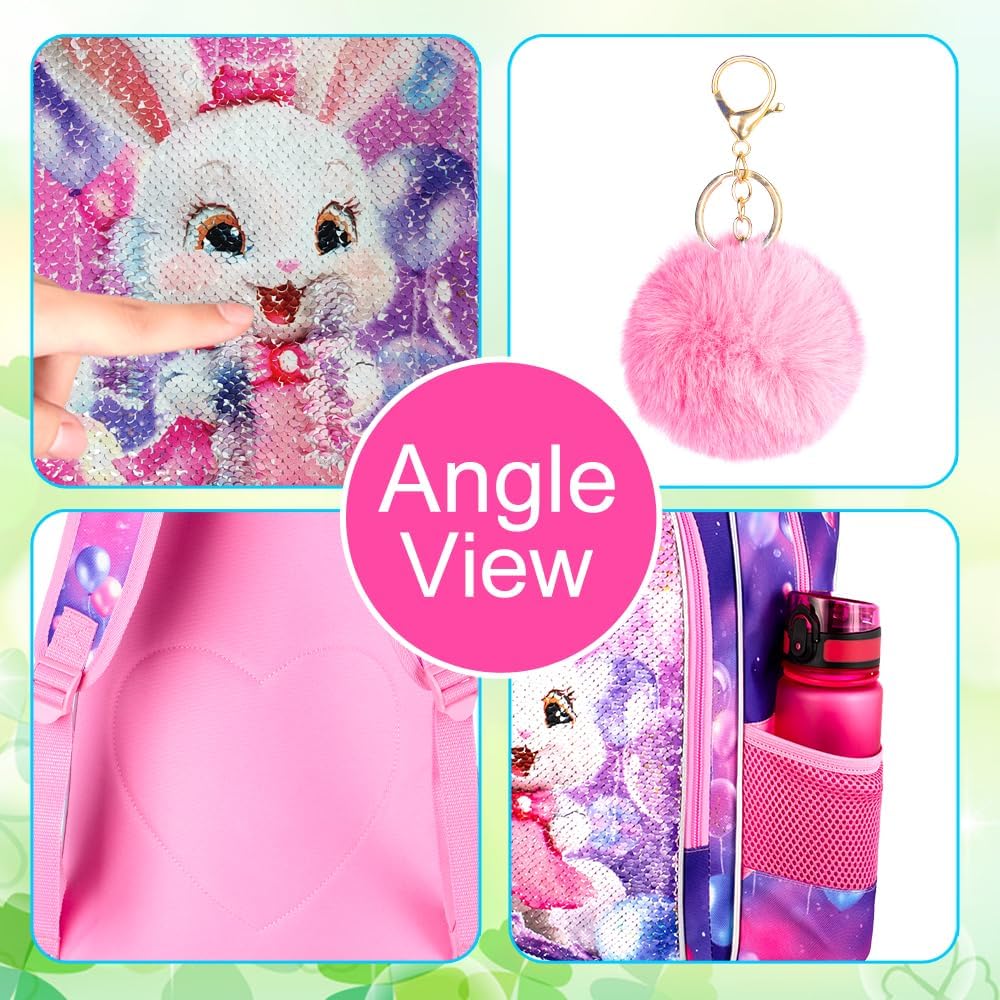 16" Bunny Backpack, 3Pcs Girls Sequin Bookbag for Elementary Preschool Kindergarten, Kids School