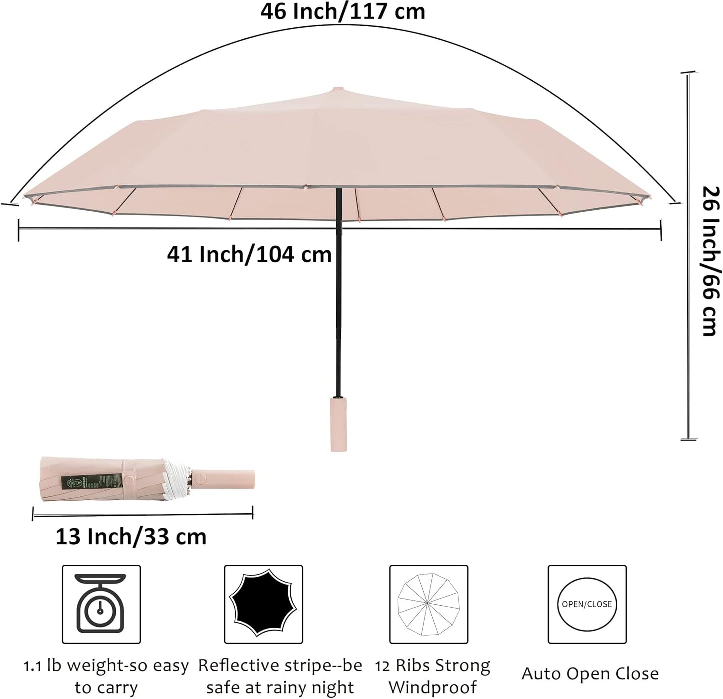 BAODINI Windproof Compact Rain Umbrella for Travel 42/46 Inch Premium Fabric Auto Open Perfect for Purse and Backpack Portable Umbrella for Women and Men