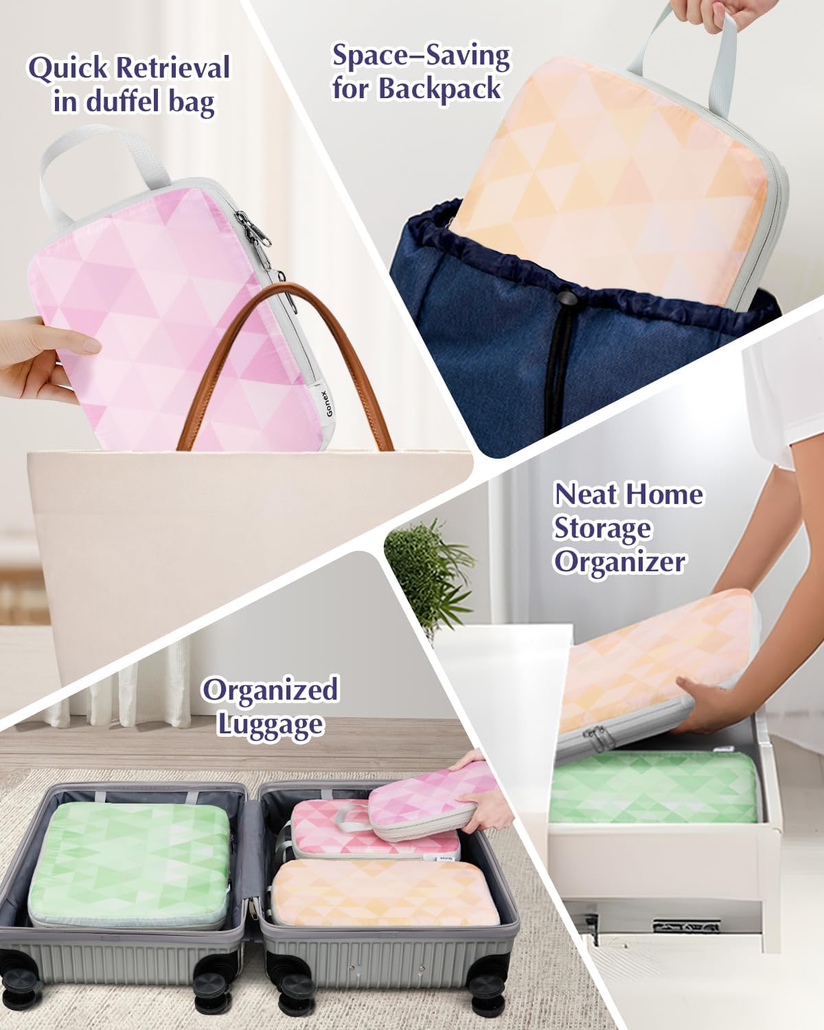 Gonex Compression Packing Cubes, 4pcs Expandable Storage Travel Luggage Bags Organizers, Travel Cubes for Suitcase Carry On (Triangle)