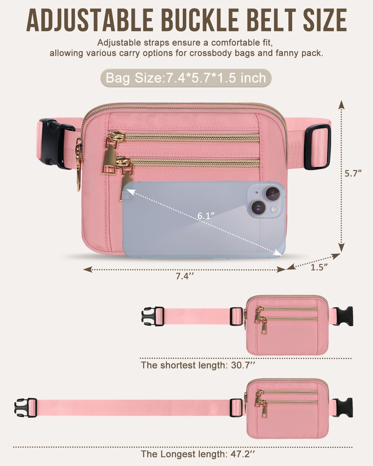 Capolo Fanny Packs for Women Fashion Waist Packs Bag with Adjustable Strap and 4 Zipper Pockets Waterproof Everywhere Crossbody Belt Bag for Workout Running Travelling(Pink)